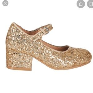 Bebe Girls Mary Jane Gold Glitter Upper Buckle Round Toe Heel Sandal 4 Like new